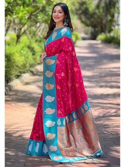 ELITE WEAVES - Pink Soft Silk Contrast Zari Woven Saree with Unstitched Blouse