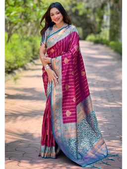 ELITE WEAVES - Magenta Soft Silk Contrast Zari Woven Saree with Unstitched Blouse