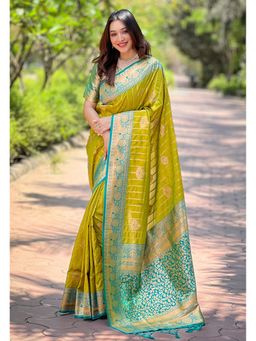 ELITE WEAVES - Green Soft Silk Contrast Zari Woven Saree with Unstitched Blouse