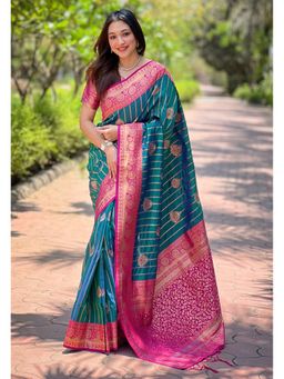 ELITE WEAVES - Green Soft Silk Contrast Zari Woven Saree with Unstitched Blouse