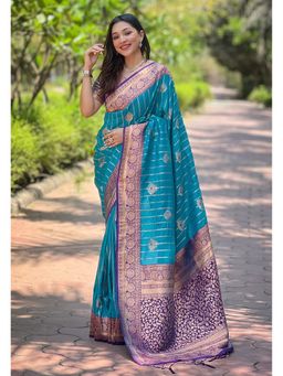 ELITE WEAVES - Blue Soft Silk Contrast Zari Woven Saree with Unstitched Blouse