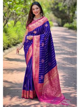 ELITE WEAVES - Blue Soft Silk Contrast Zari Woven Saree with Unstitched Blouse