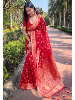 ELITE WEAVES - Red Soft Silk Contrast Zari Woven Saree with Unstitched Blouse