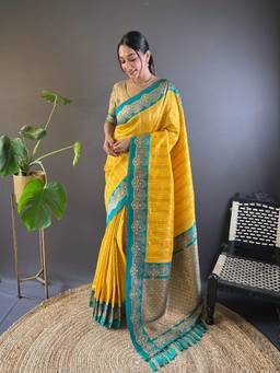 ELITE WEAVES - Yellow Contrast Zari Woven Silk Satin Unique Border