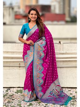 ELITE WEAVES - Magenta Pashmina Darbari Silk Zari Woven Saree with Unstitched Blouse