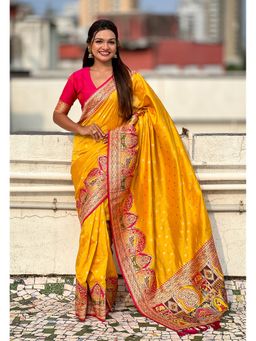 ELITE WEAVES - Mustard Pashmina Darbari Silk Zari Woven Saree with Unstitched Blouse