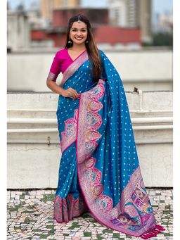 ELITE WEAVES - Blue Pashmina Darbari Silk Zari Woven Saree with Unstitched Blouse