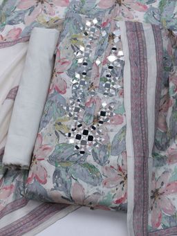 MEENA BAZAAR - Embroidered Cream Cotton Blend Unstitched Dress Material with Dupatta