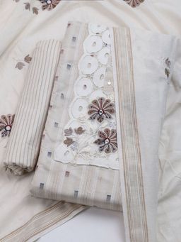MEENA BAZAAR - Printed Cream Cotton Blend Unstitched Dress Material with Dupatta