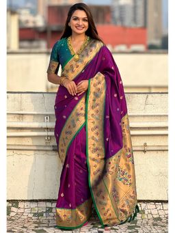 ELITE WEAVES - Wine Zari Woven Yeol Paithani Silk Saree With Unstitched Blouse