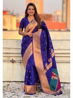 ELITE WEAVES - Blue Zari Woven Gudi Padwa Special Paithani Silk Saree with Unstitched Blouse