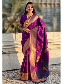 ELITE WEAVES - Purple Zari Woven Gudi Padwa Special Paithani Silk Saree with Unstitched Blouse