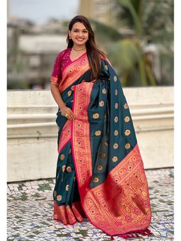ELITE WEAVES - Blue Sunflower Butta Meenakari Zari Woven Saree With Unstitched Blouse