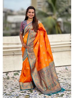 ELITE WEAVES - Orange Sunflower Butta Meenakari Zari Woven Saree With Unstitched Blouse
