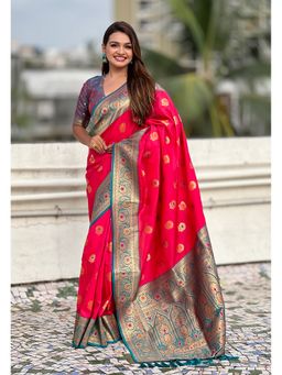 ELITE WEAVES - Pink Sunflower Butta Meenakari Zari Woven Saree With Unstitched Blouse