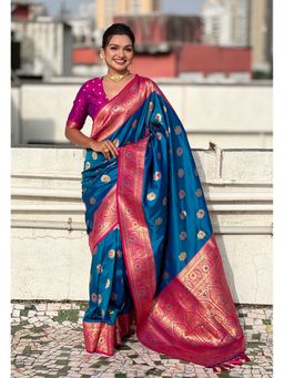 ELITE WEAVES - Blue Sunflower Butta Meenakari Zari Woven Saree With Unstitched Blouse
