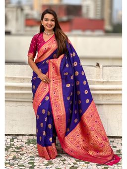 ELITE WEAVES - Blue Sunflower Butta Meenakari Zari Woven Saree With Unstitched Blouse