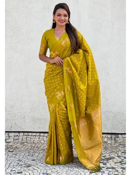 ELITE WEAVES - Green Soft Silk Dual Zari Woven Saree with Unstitched Blouse with Deer Border