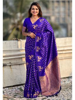 ELITE WEAVES - Blue Soft Silk Dual Zari Woven Saree with Unstitched Blouse with Deer Border