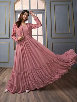 INDDUS - Women Floral Thread Embroidered A-Line Maxi Dress with Jacket