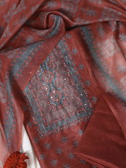 SALWAR STUDIO - Maroon Printed Mirror Work Unstitched Kurta with Pant and Dupatta