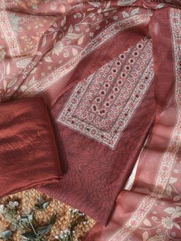 SALWAR STUDIO - Printed Mirror Work Maroon Unstitched Kurta with Pant and Dupatta