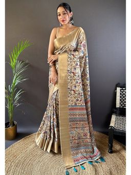 ELITE WEAVES - Beige Tessar Silk Bold Kalamkari Figure Printed Saree With Unstitched Blouse