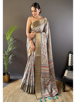 ELITE WEAVES - Grey Tessar Silk Bold Kalamkari Figure Printed Saree With Unstitched Blouse