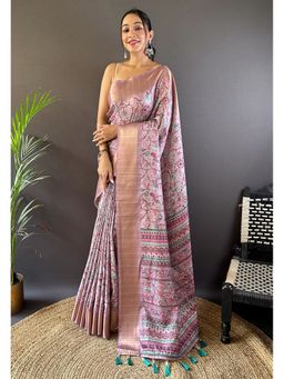 ELITE WEAVES - Lavender Tessar Silk Bold Kalamkari Figure Printed Saree With Unstitched Blouse