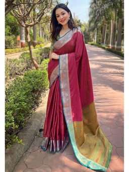 ELITE WEAVES - Pink Pashmina Kashmiri Silk Zari Woven Saree with Unstitched Blouse