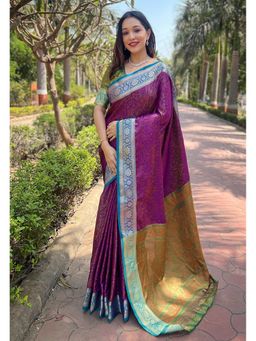 ELITE WEAVES - Purple Pashmina Kashmiri Silk Zari Woven Saree with Unstitched Blouse