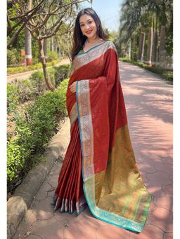 ELITE WEAVES - Red Pashmina Kashmiri Silk Zari Woven Saree with Unstitched Blouse