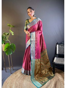 ELITE WEAVES - Pink Soft Kashmiri Silk Zari Woven Contrast Saree with Unstitched Blouse
