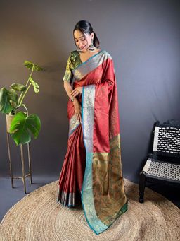 ELITE WEAVES - Red Soft Kashmiri Silk Zari Woven Contrast Saree with Unstitched Blouse