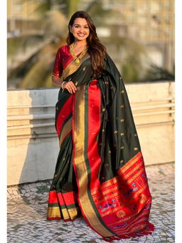 ELITE WEAVES - Green Paithani Silk Saree with Unstitched Blouse Muniya Satin Border