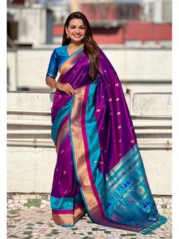 ELITE WEAVES - Purple Paithani Silk Saree with Unstitched Blouse Muniya Satin Border