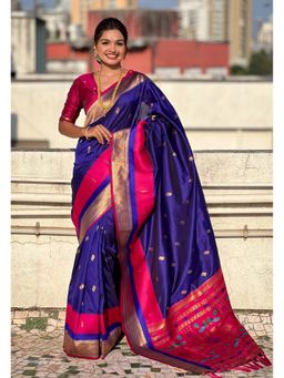 ELITE WEAVES - Blue Paithani Silk Saree with Unstitched Blouse Muniya Satin Border