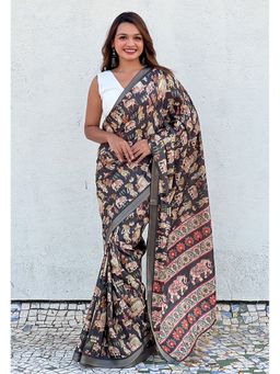 ELITE WEAVES - Black Tessar Silk Printed Saree with Unstitched Blouse Zari Woven Border