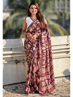 ELITE WEAVES - Brown Tessar Silk Printed Saree with Unstitched Blouse Zari Woven Border