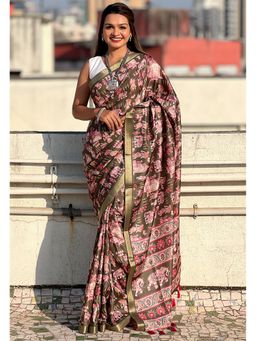 ELITE WEAVES - Green Tessar Silk Printed Saree with Unstitched Blouse Zari Woven Border