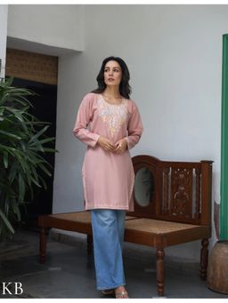 Kashmir Box - Nigeen Aari Embroidered Full Sleeves Pink Kurti