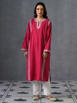 Kashmir Box - Zari Embroidered Full Sleeve Woollen Phiran Pink Kurta