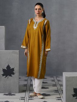 Kashmir Box - Zari Embroidered Full Sleeve Woollen Phiran Mustard Kurta