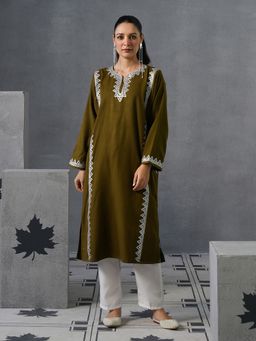 Kashmir Box - Zari Embroidered Full Sleeve Woollen Phiran Green Kurta