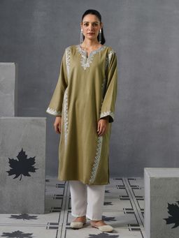 Kashmir Box - Zari Embroidered Full Sleeve Woollen Phiran Brown Kurta