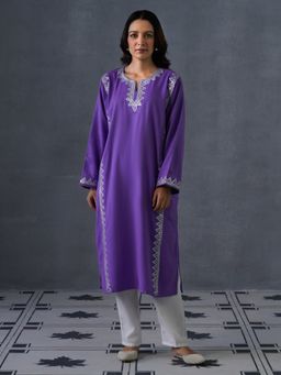 Kashmir Box - Zari Embroidered Full Sleeve Woollen Phiran Purple Kurta