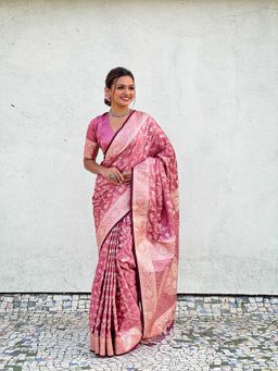 ELITE WEAVES - Pink Banarasi Jaal Satin Silk Pink Zari Woven Saree with Unstitched Blouse