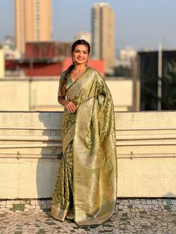 ELITE WEAVES - Green Banarasi Jaal Satin Silk Pink Zari Woven Saree with Unstitched Blouse