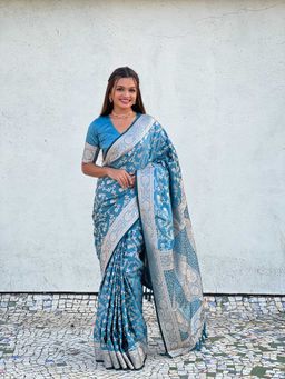 ELITE WEAVES - Blue Banarasi Jaal Satin Silk Pink Zari Woven Saree with Unstitched Blouse