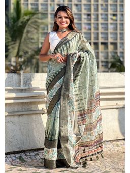 ELITE WEAVES - Green Chanderi Crush Silk Floral Printed Saree With Unstitched Blouse